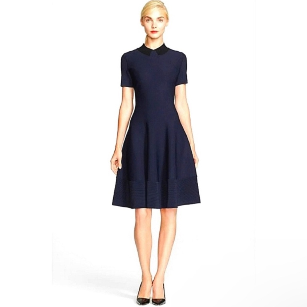 Kate Spade Trompe L’Oeil Blue & Black Fit-&-Flare Dress Contrast Collar Size M